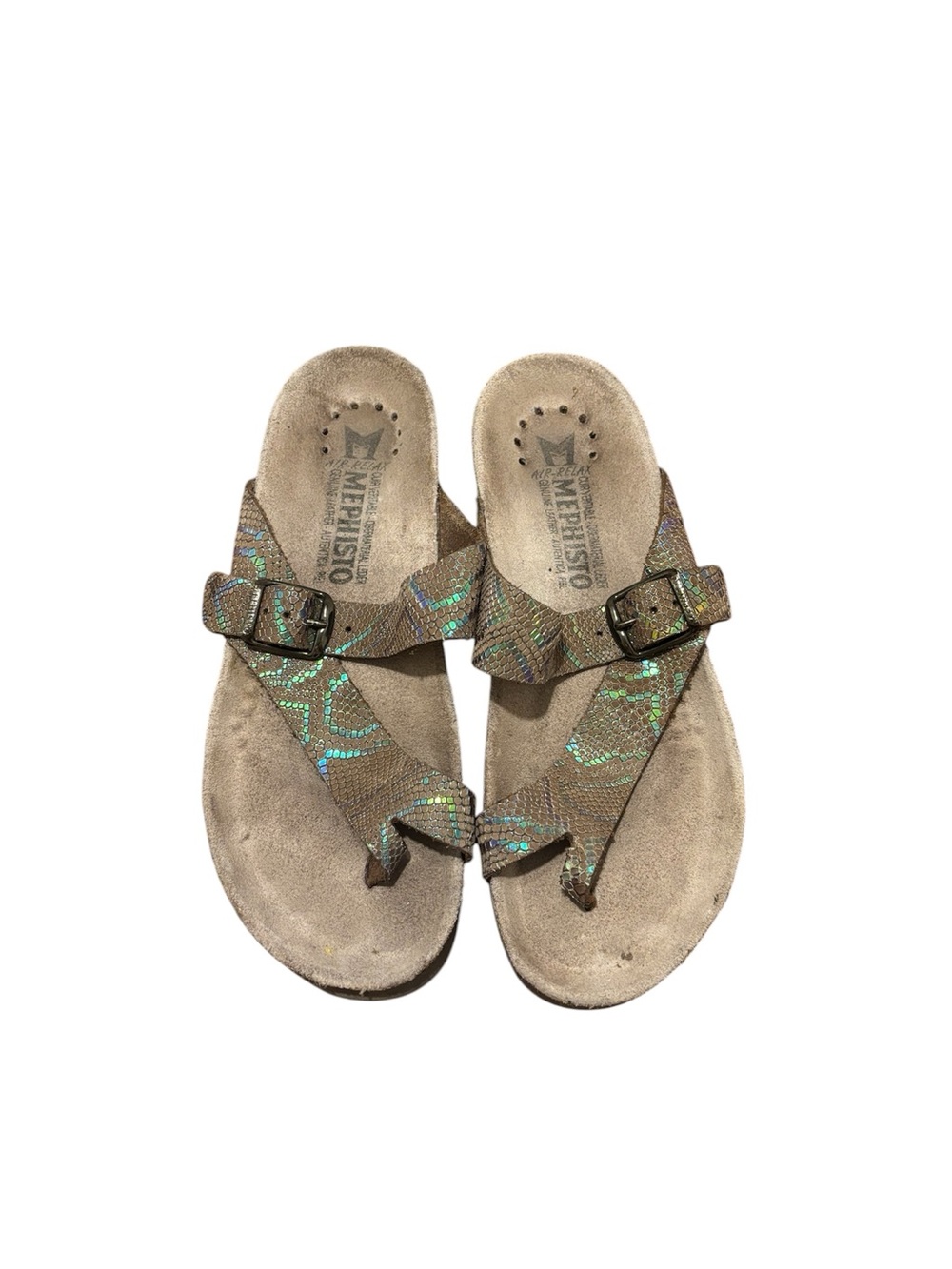 Mephisto Helen Toe Loop Leather Sandals in Halographic Reptile Print Size 36/6